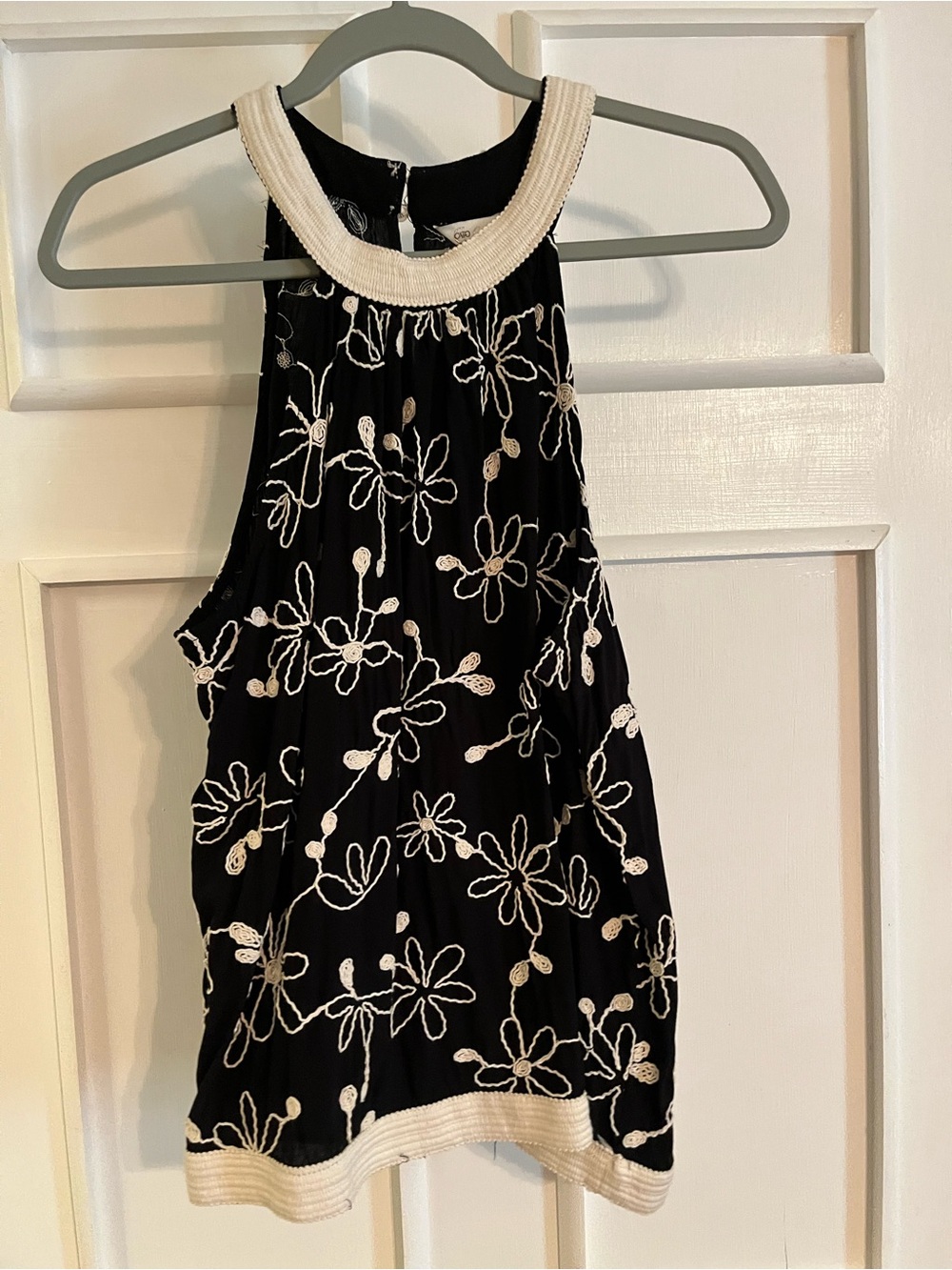 Women’s Black Floral Embroidered Halter Dress with Cream Trim